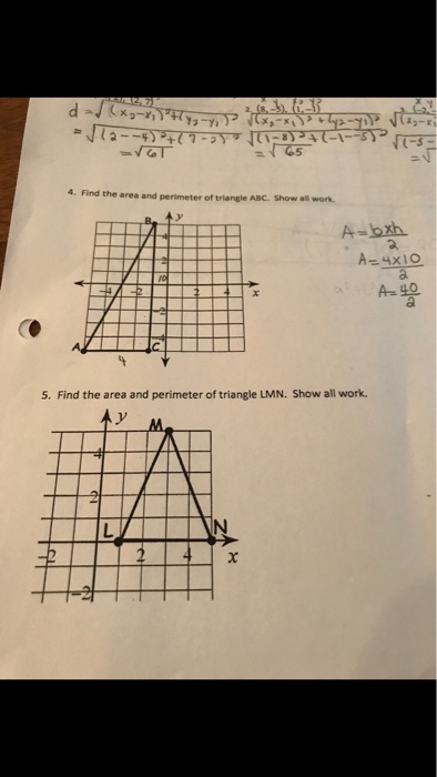 find the perimeter and area of each triangle