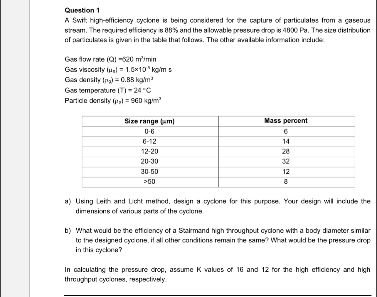 Solved Question 1 A Swift high-efficiency cyclone is being | Chegg.com