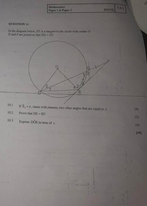 Solved MathematicsPaper 1 ﻿& Paper 2202312QUESTION 10In the | Chegg.com