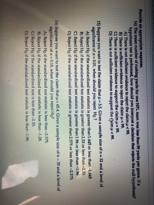 Solved Provide an a 14) The mean number of rushing yards for