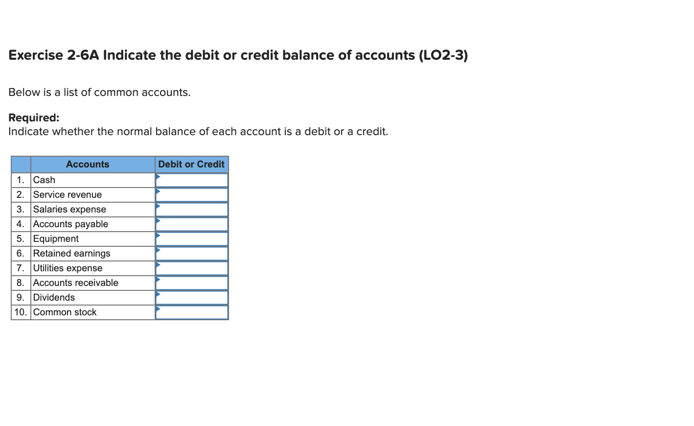 Solved Exercise 2-6A Indicate The Debit Or Credit Balance | Chegg.com