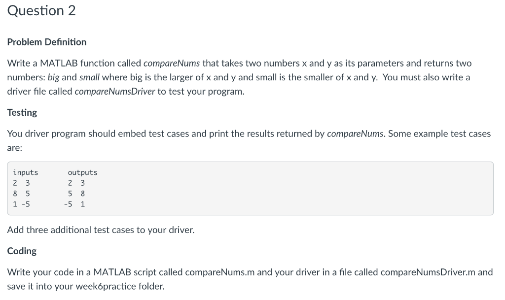 Solved Question 2 Problem Definition Write a MATLAB function | Chegg.com