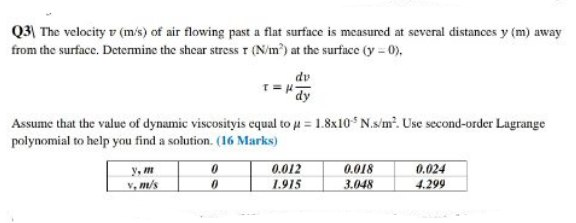 Solved (3) The velocity v (m's) of air flowing past a flat | Chegg.com