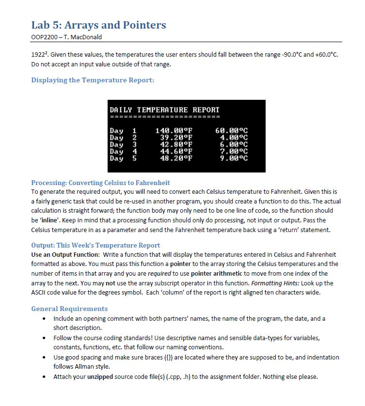 Solved Lab 5: Arrays And Pointers OOP2200 - T. MacDonald | Chegg.com