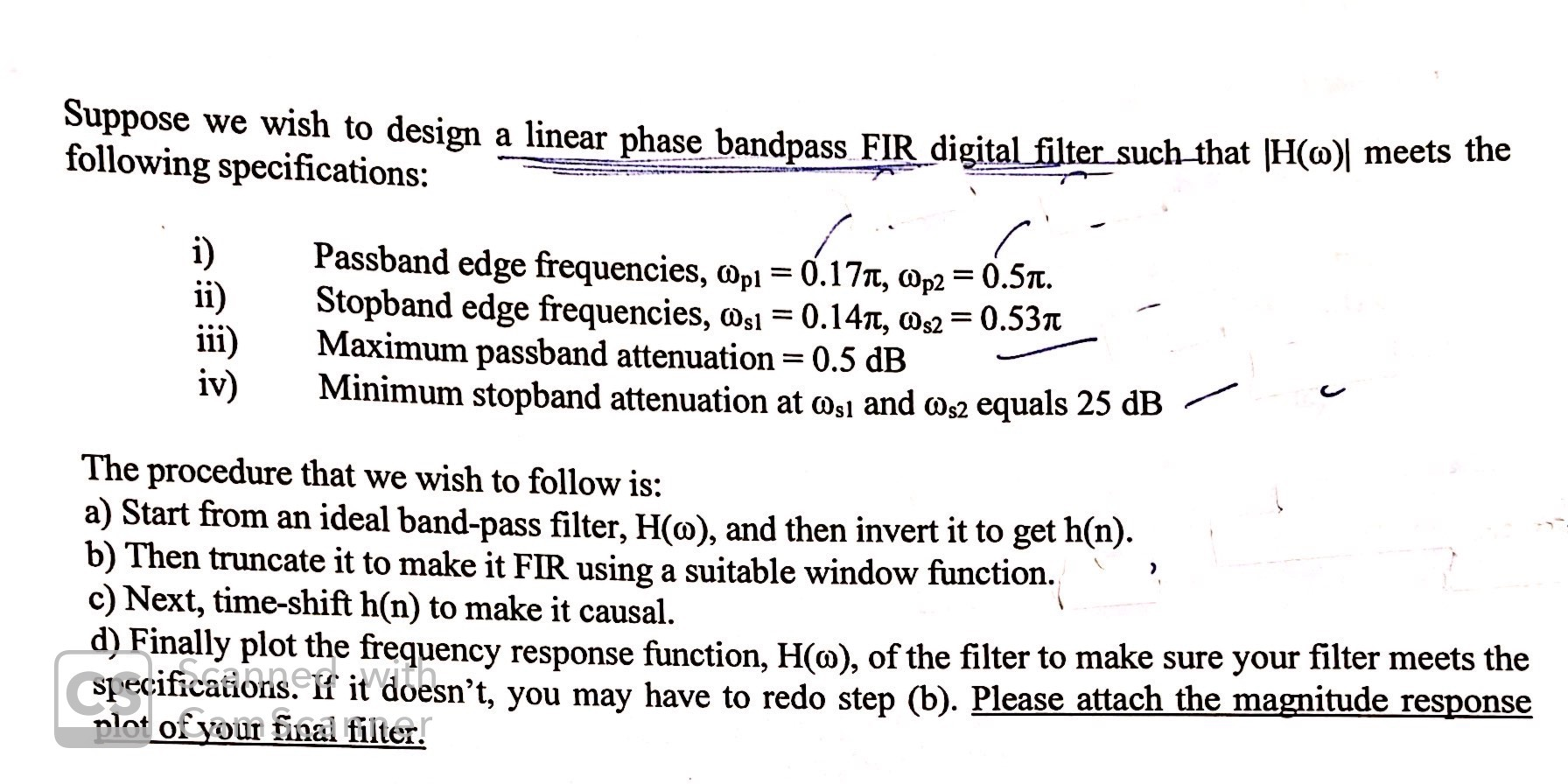 Suppose we wish to design a linear phase bandpass FIR | Chegg.com