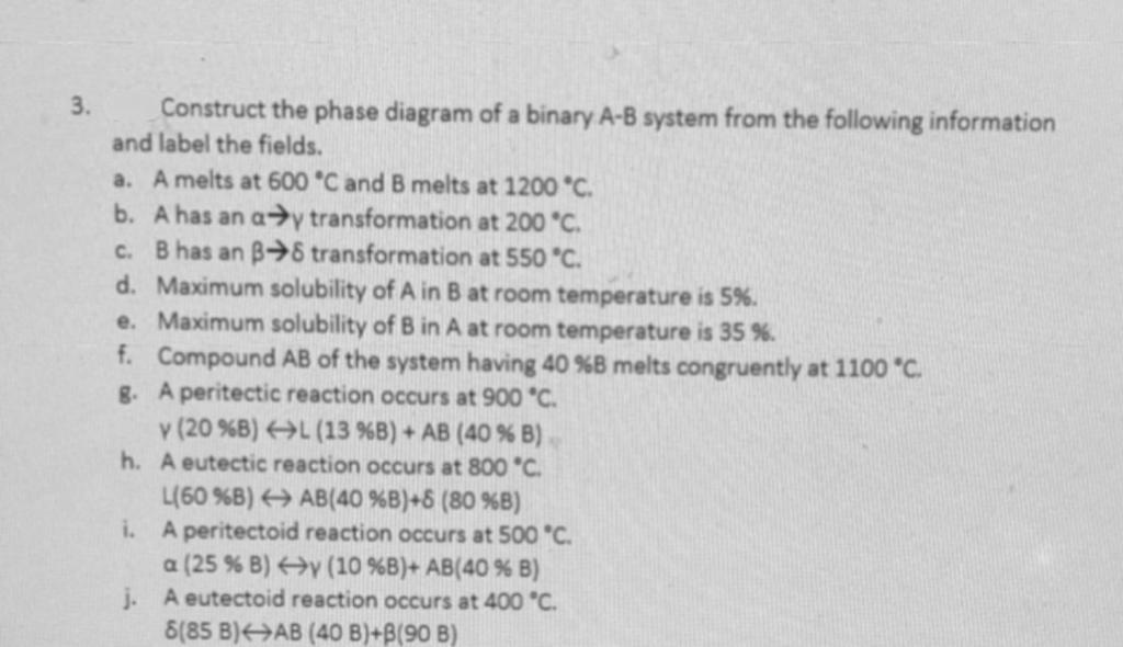 Solved 3. Construct the phase diagram of a binary A-B system | Chegg.com
