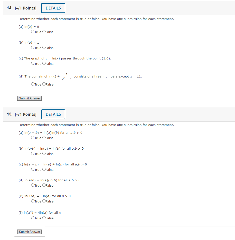 Solved [-/1 ﻿Points]Determine whether each statement is true | Chegg.com