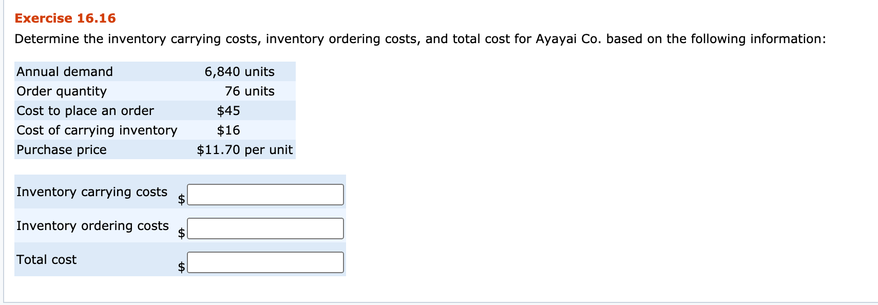 Solved Exercise 16.16 Determine The Inventory Carrying | Chegg.com