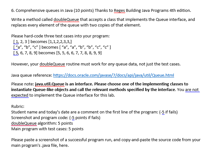 Solved 6. Comprehensive queues in Java (10 points) Thanks to | Chegg.com