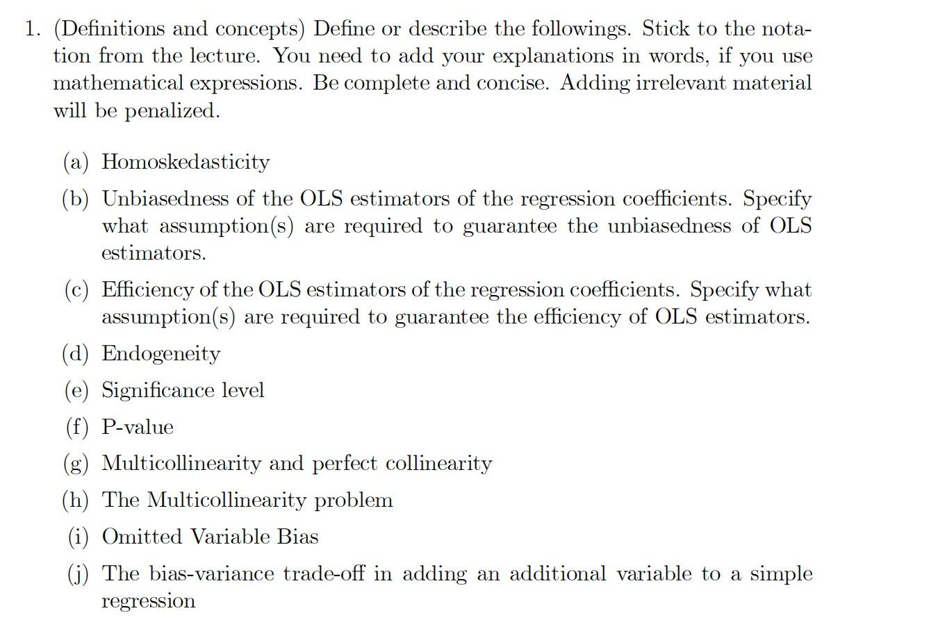 Solved 1. (Definitions And Concepts) Define Or Describe The | Chegg.com