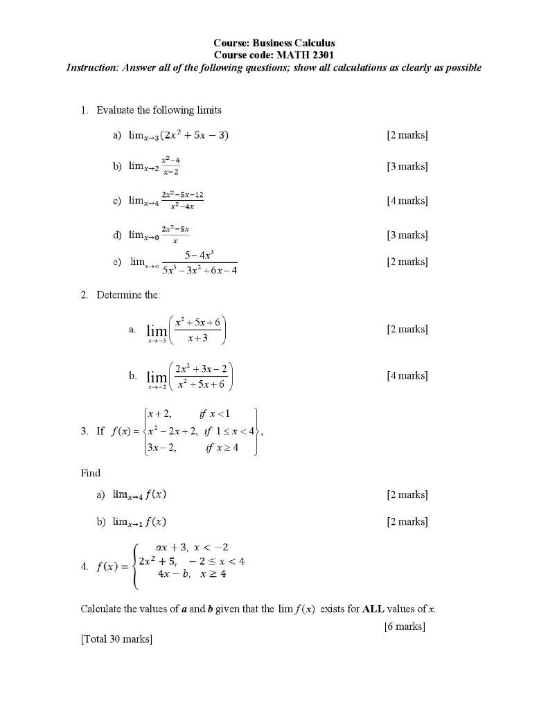 Solved Course: Business Calculus Course code: MATH 2301 | Chegg.com