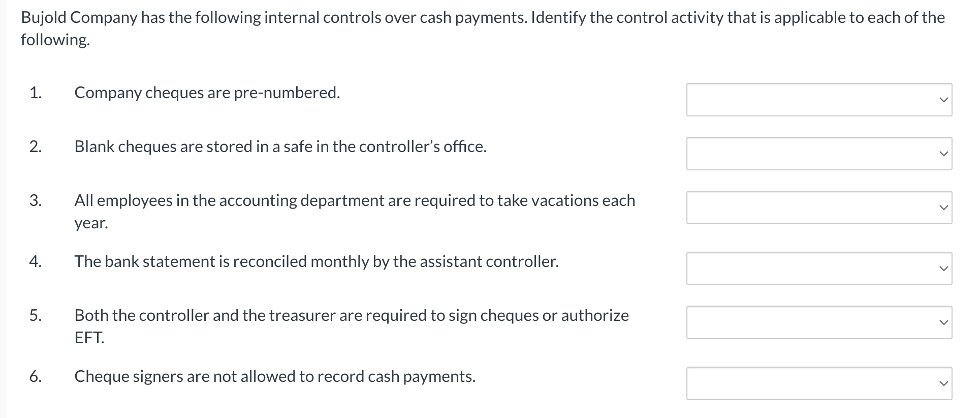 Solved Bujold Company Has The Following Internal Controls | Chegg.com