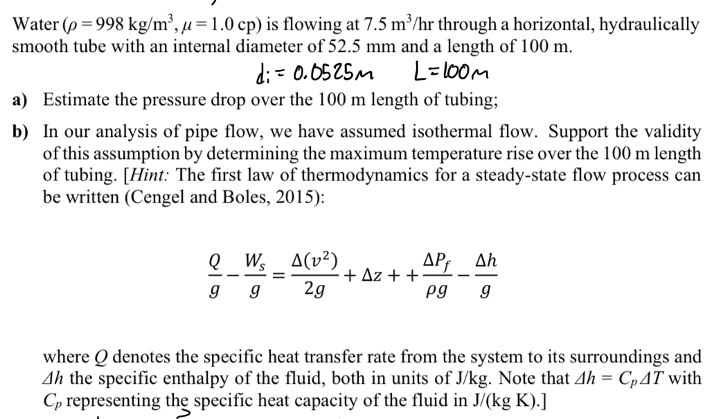 Solved Water (ρ=998 kg/m3,μ=1.0cp) is flowing at 7.5 m3/hr | Chegg.com