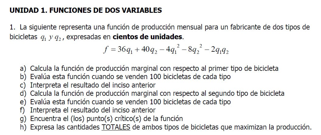 UNIDAD 1. FUNCIONES DE DOS VARIABLES 1. La siguiente representa una función de producción mensual para un fabricante de dos t