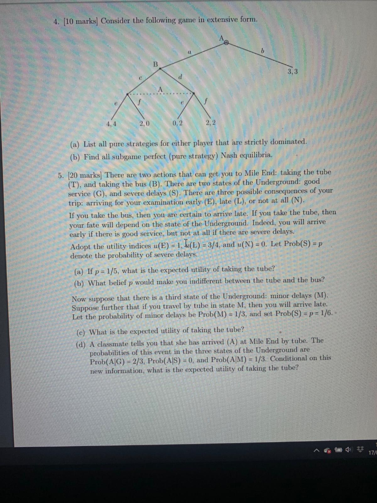 Solved 4. [10 marks] Consider the following game in | Chegg.com