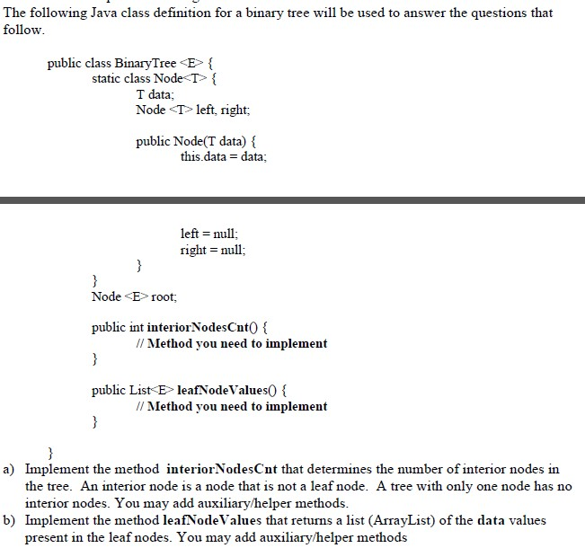 Solved The following Java class definition for a binary tree | Chegg.com