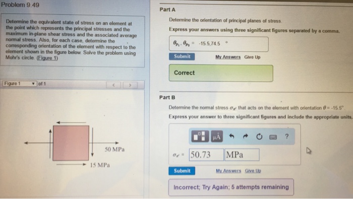 Solved Problem 9.49 Determine the equivalent state of stress | Chegg.com