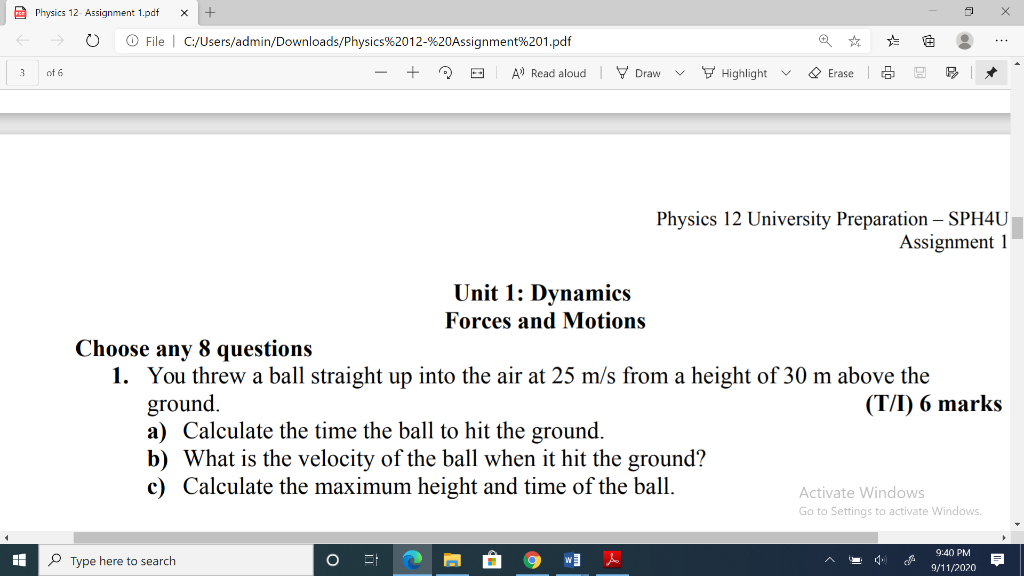 Solved х Physics 12 Assignment 1.pdf 0 O File | Chegg.com