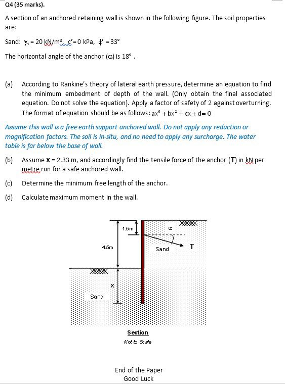 Solved Q4 (35 marks). A section of an anchored retaining | Chegg.com
