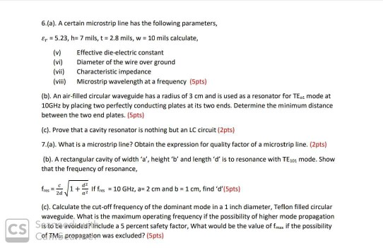 Solved 6.(a). A certain microstrip line has the following | Chegg.com