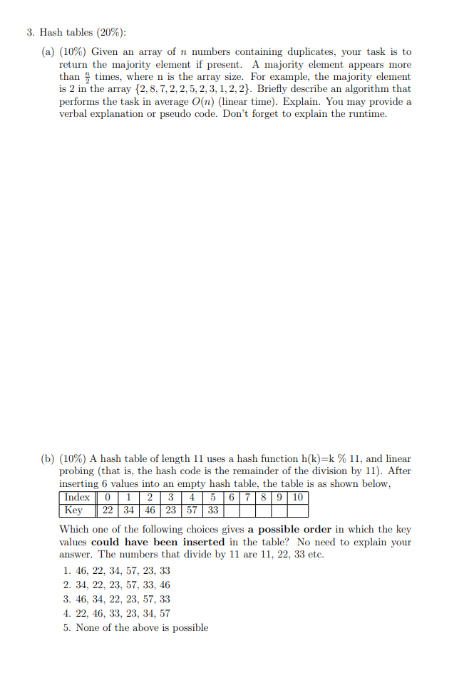 Solved 3. Hash tables (20%): (a) (10%) Given an array of n | Chegg.com