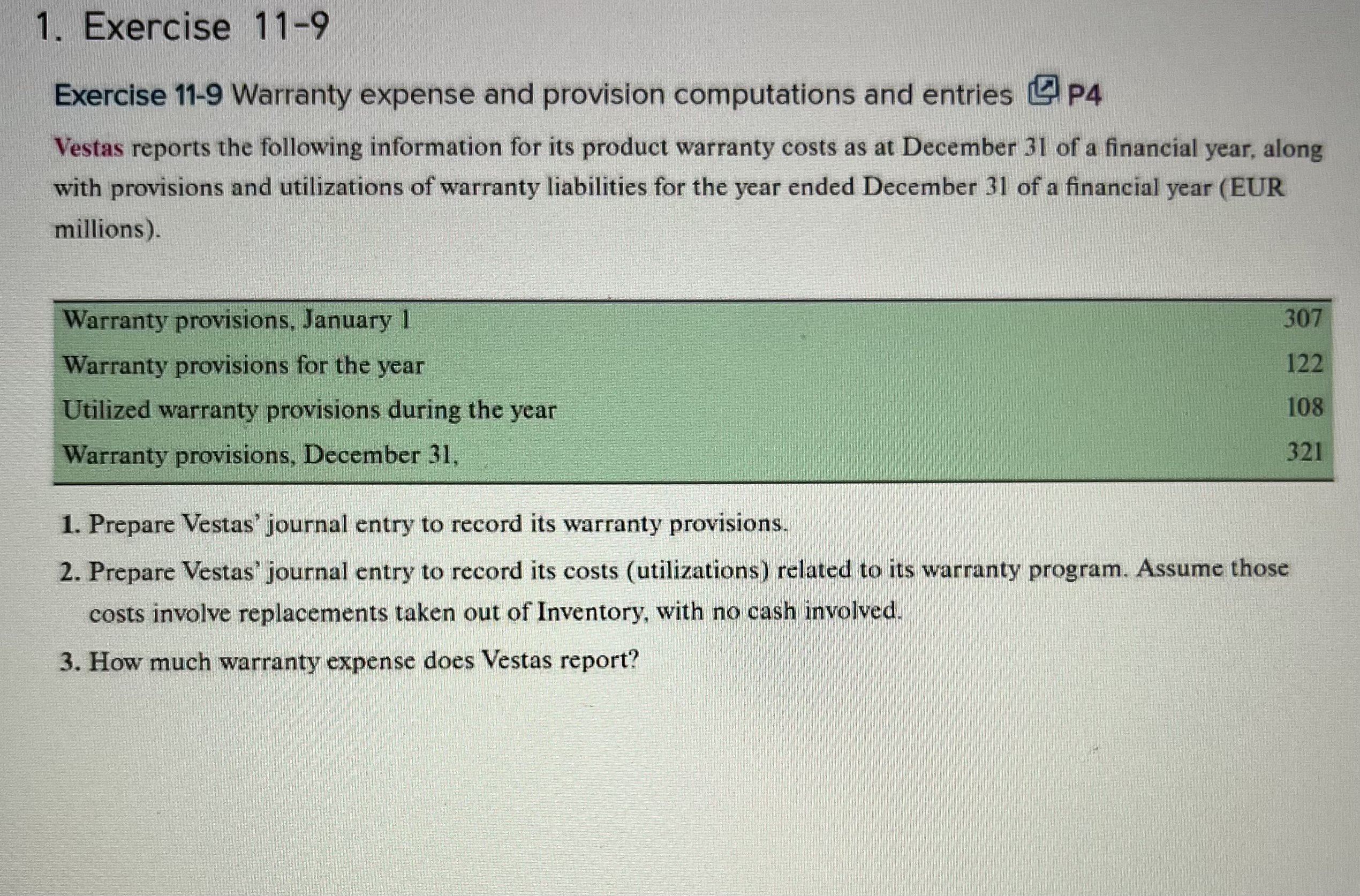 Solved Exercise 119 Warranty expense and provision