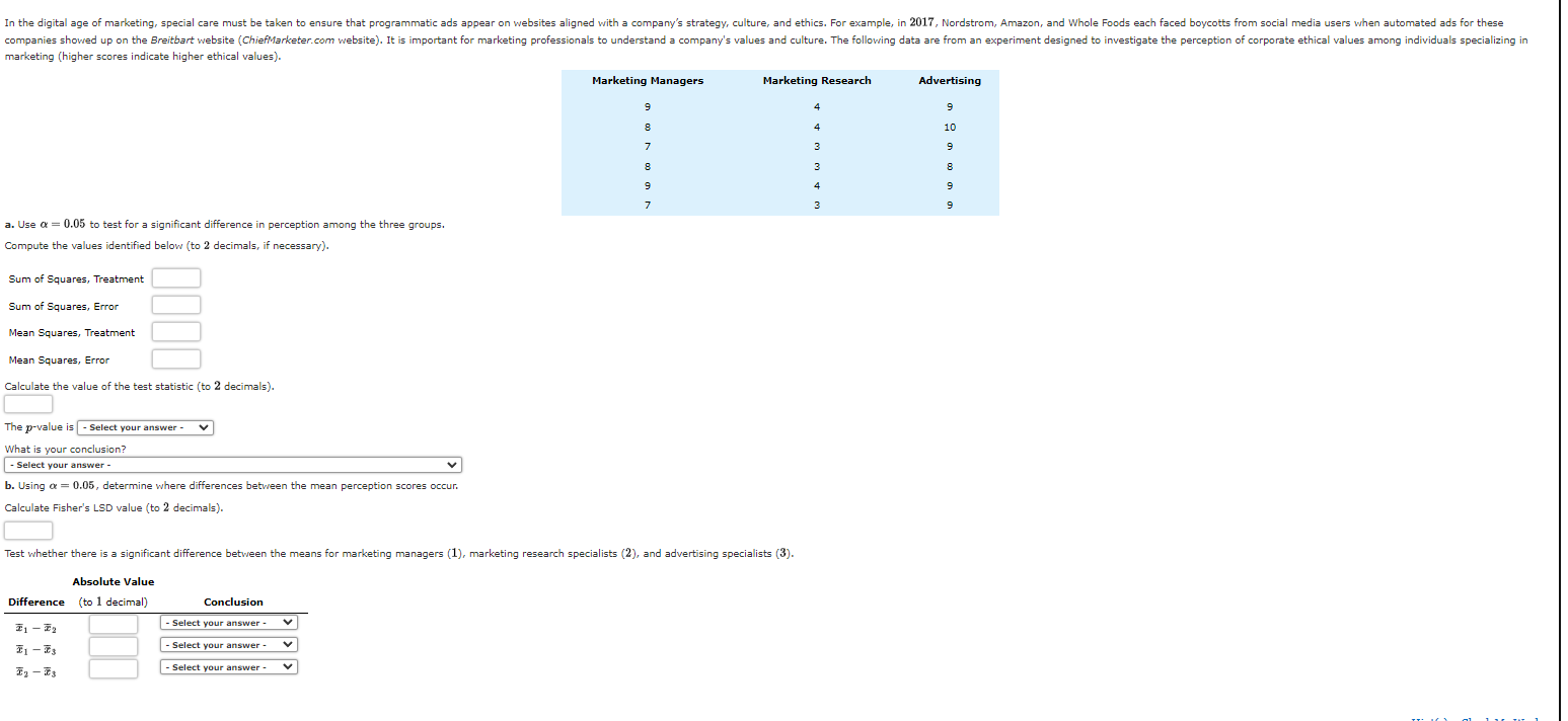 Solved a. Use α=0.05 to test for a significant difference in | Chegg.com