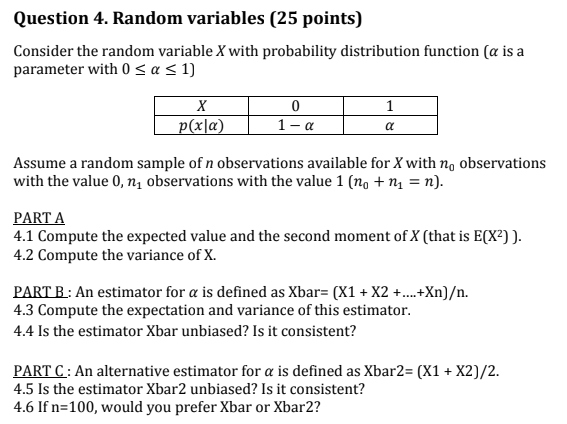 Solved Question 4. Random variables (25 points) Consider the | Chegg.com