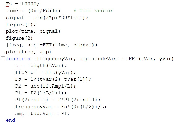 = = FFT (tvar, yvar) Fs = 10000; time (0:1/Fs:1); % Time vector signal = sin(2*pi*30*time); figure (1); plot (time, signal) f