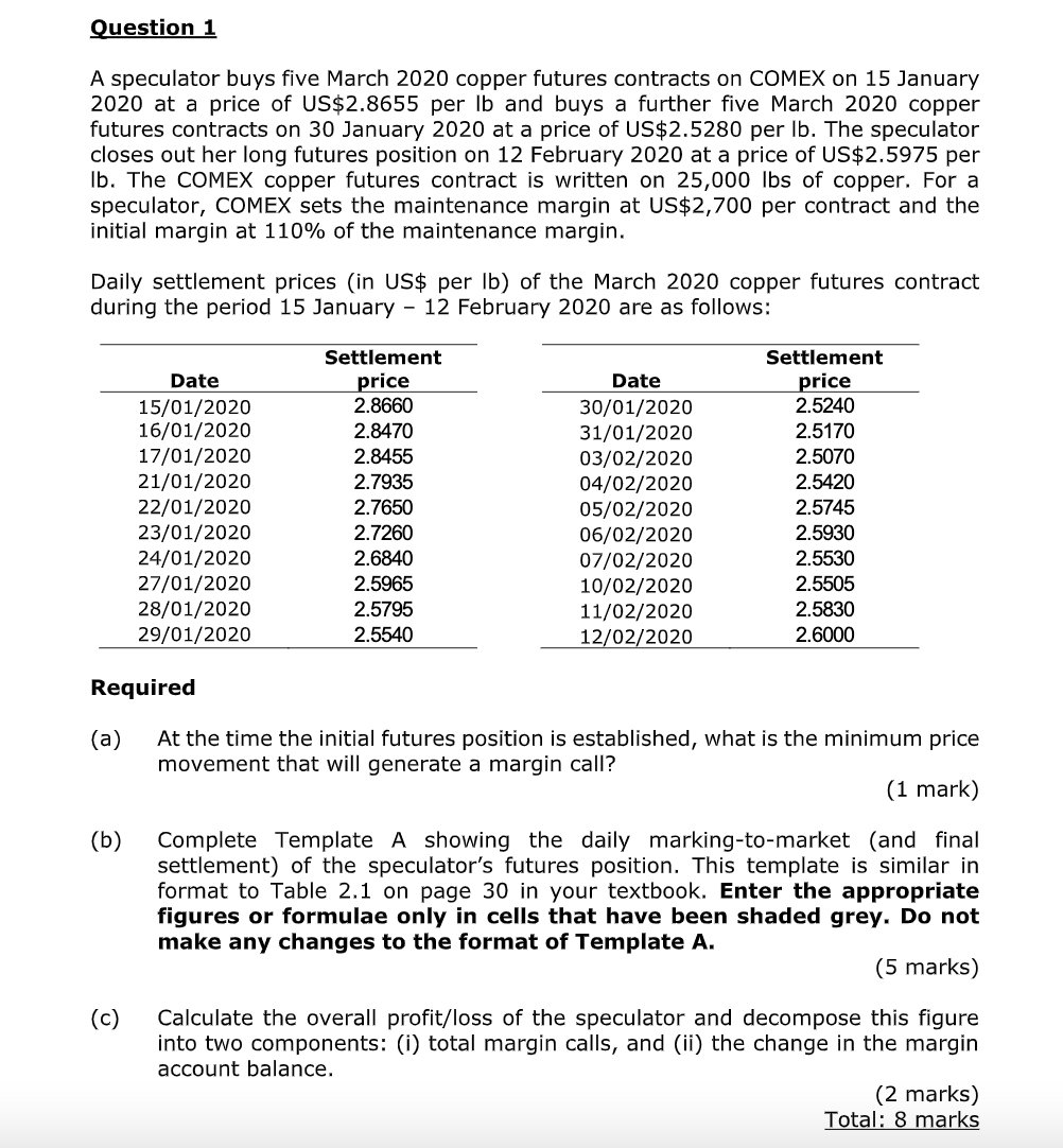 Solved Question 1 A speculator buys five March 2020 copper 