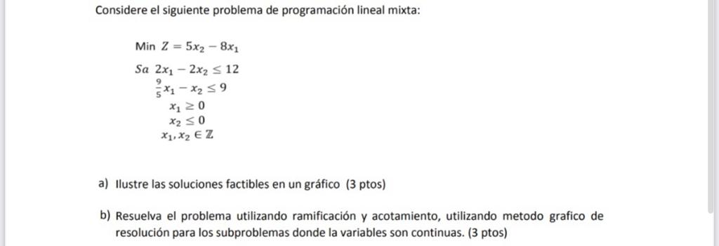 Considere el siguiente problema de programación lineal mixta: \[ \begin{array}{c} \text { Min } Z=5 x_{2}-8 x_{1} \\ \text {