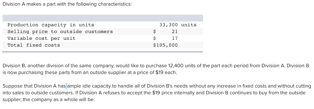 Solved Division A Makes A Part With The Following | Chegg.com