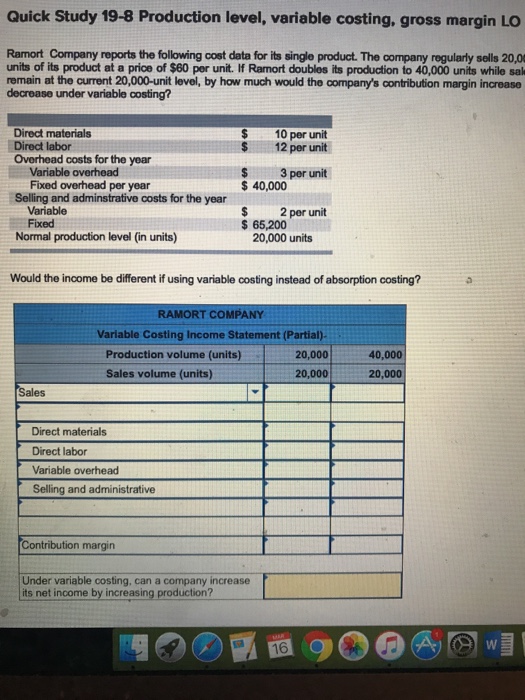 Solved Quick Study 19-8 Production level, variable costing, | Chegg.com