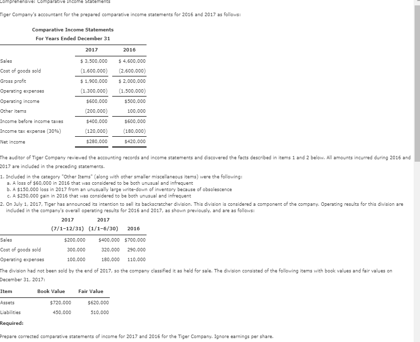 Solved Comprehensive: Comparative Income Statements Tiger | Chegg.com