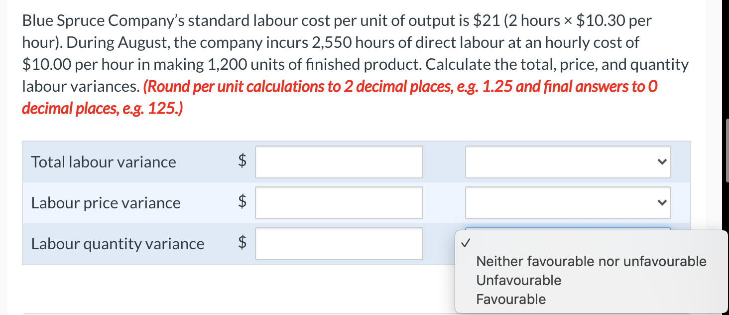 Solved Blue Spruce Company's standard labour cost per unit | Chegg.com