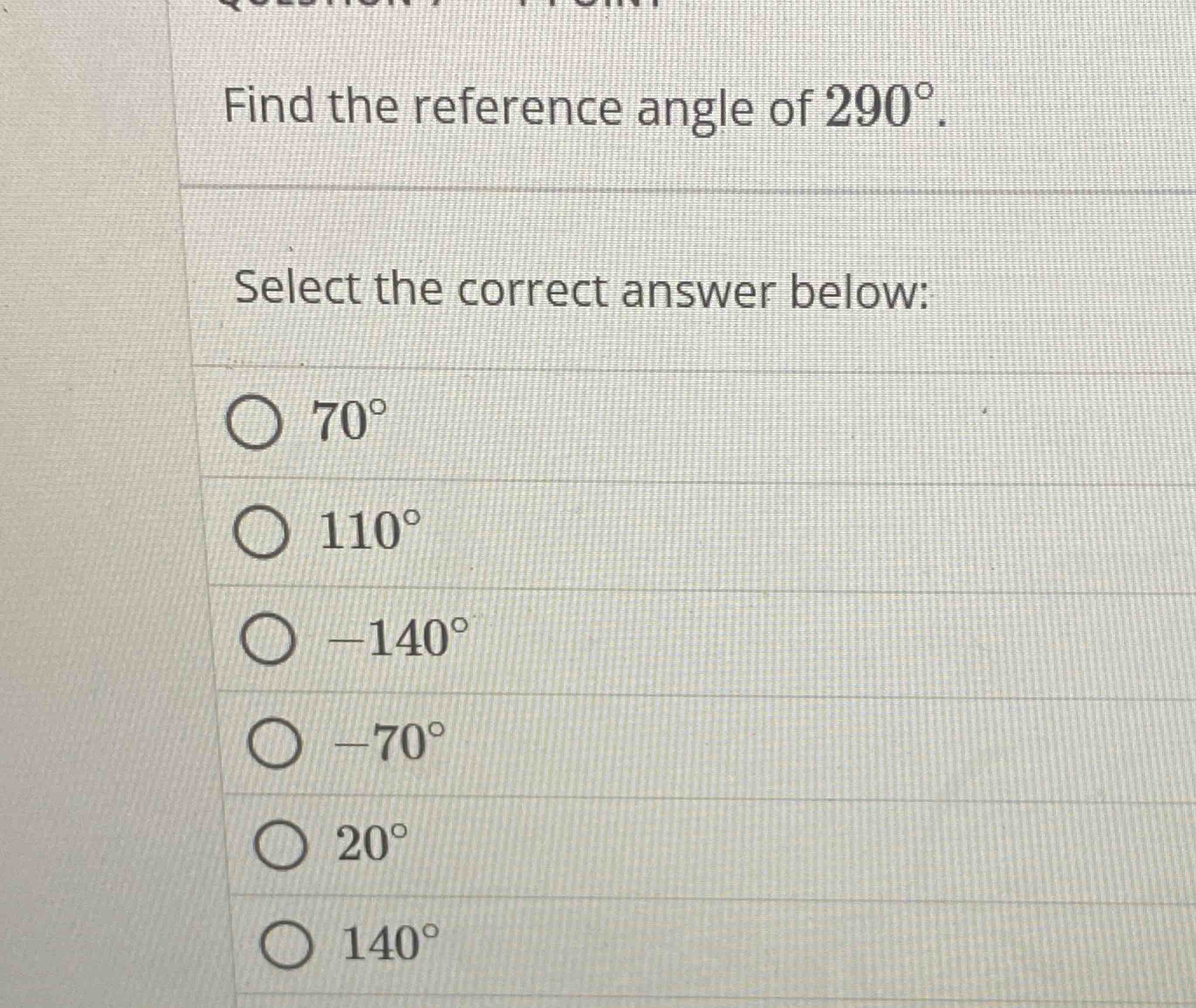 Solved Find the reference angle of 290°.Select the correct | Chegg.com