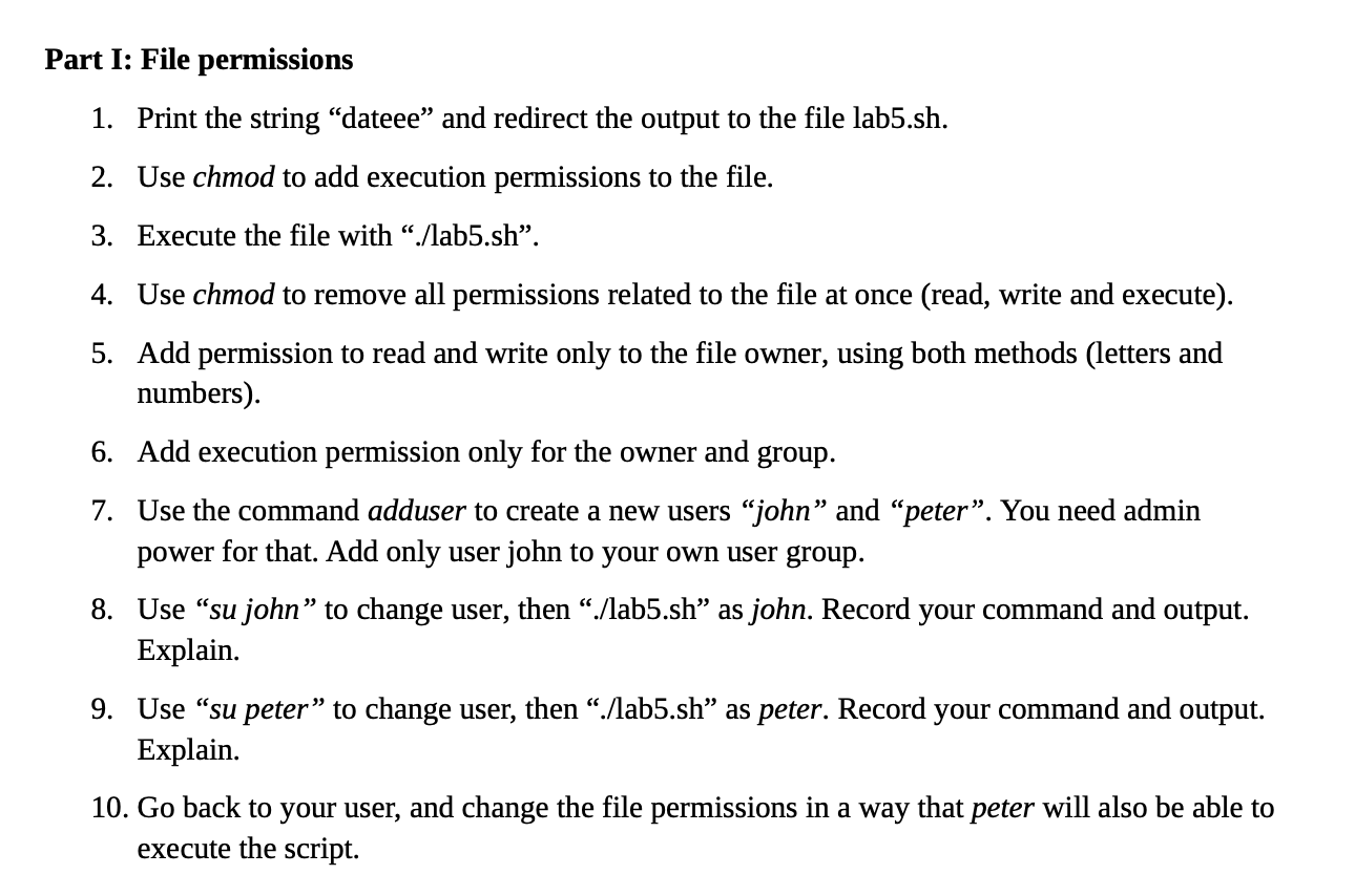 Solved Part I File Permissions 1 Print The String dateee Chegg
