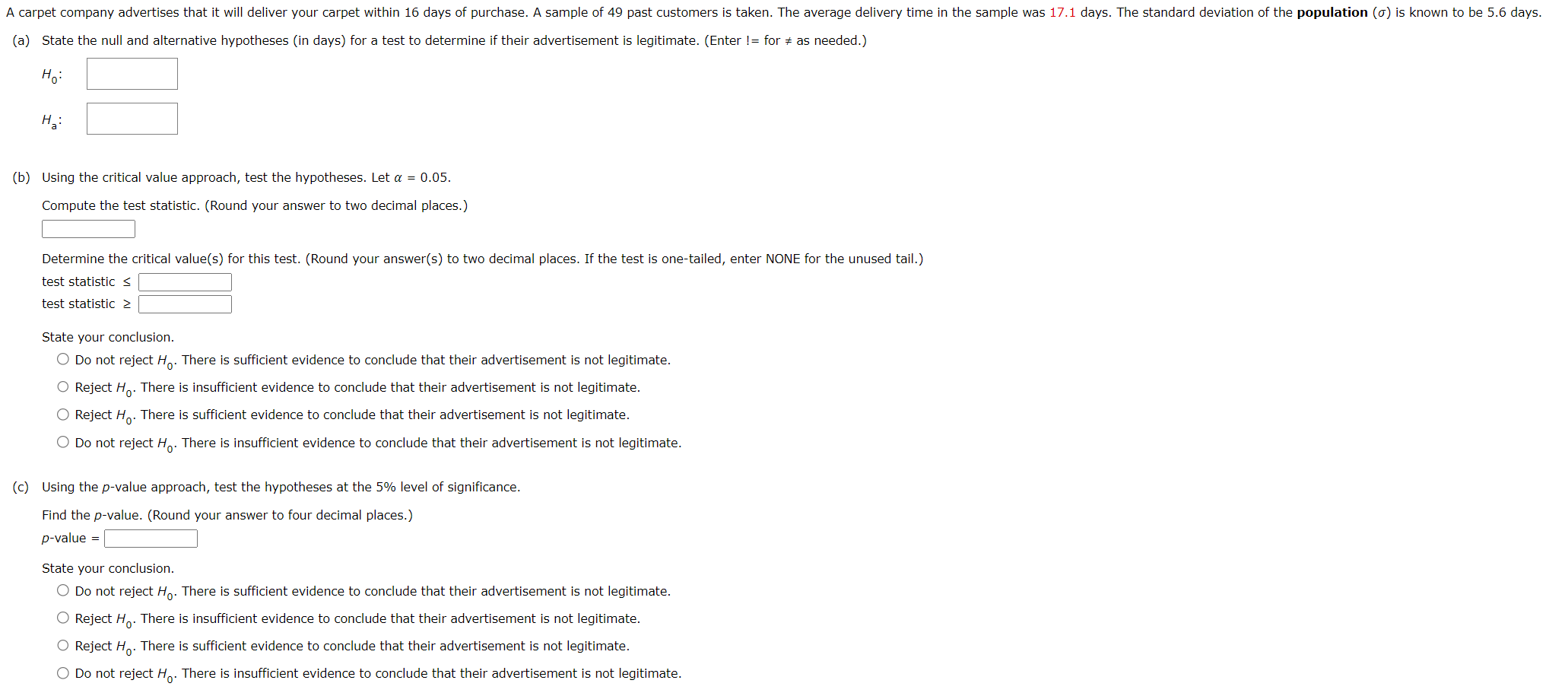 Solved b using the critical value approach test the chegg