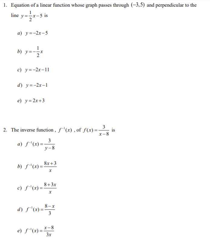 Solved 1. Equation of a linear function whose graph passes