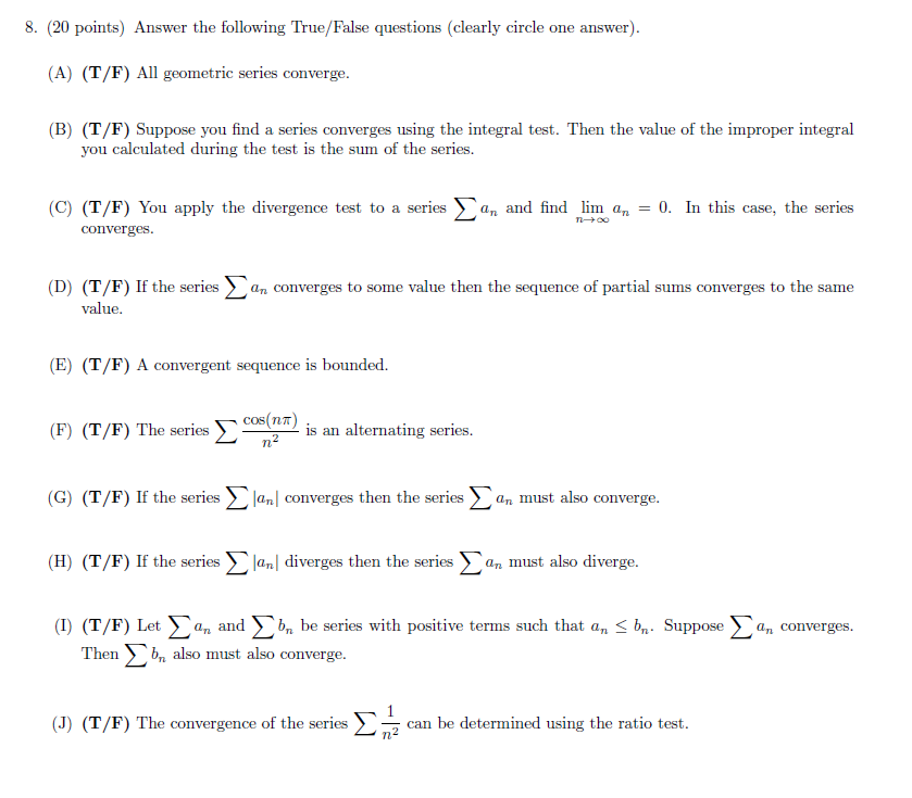 Solved 8 Points Answer The Following True False Que Chegg Com