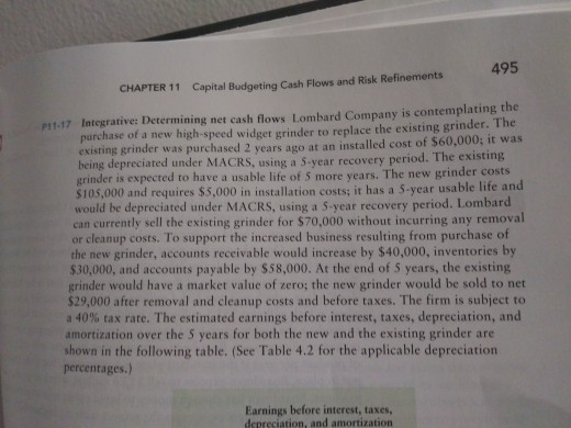 Solved 495 CHAPTER 11 Capital Budgeting Cash Flows and Risk | Chegg.com