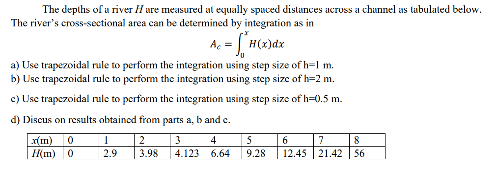 Solved The Depths Of A River H Are Measured At Equally | Chegg.com