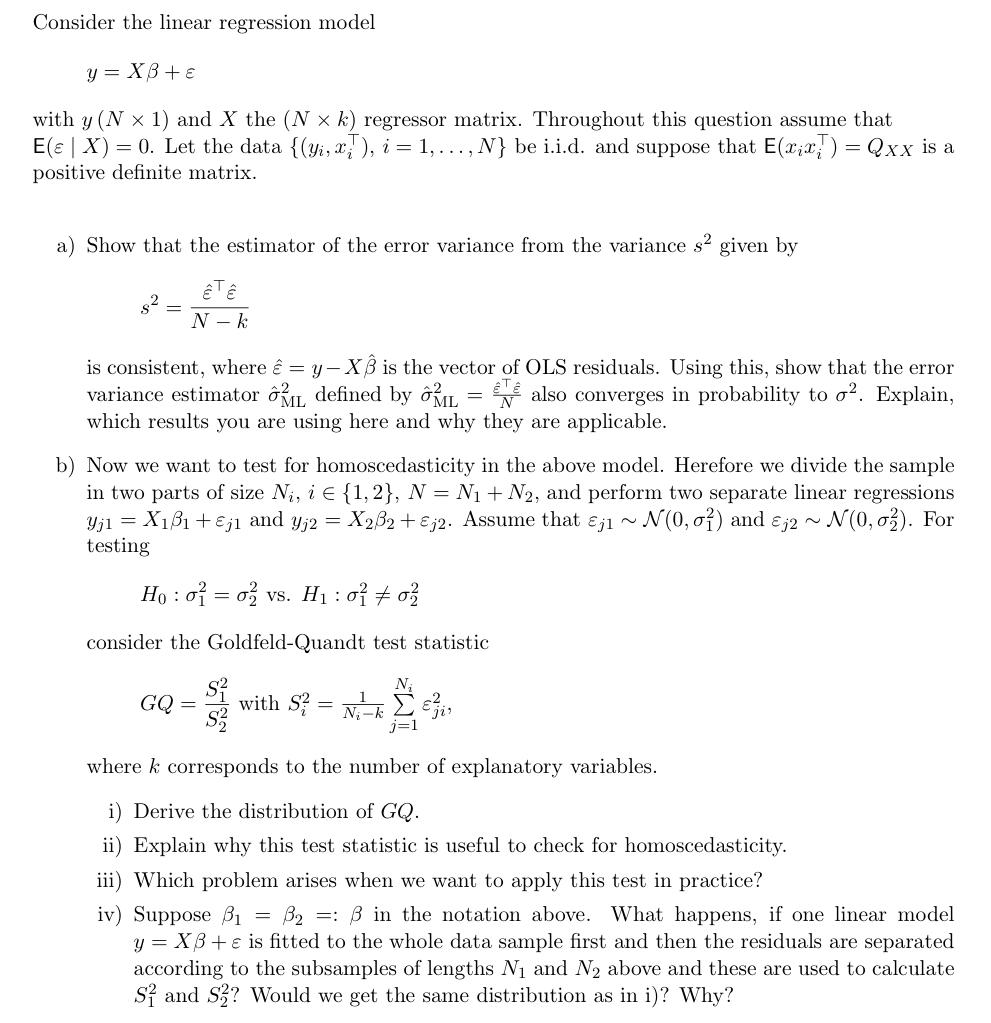 Solved Consider the linear regression model y = Xβ + ε with | Chegg.com