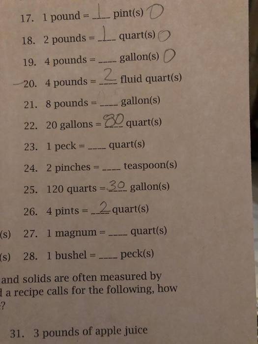 Solved 17. 1 poundpint(s) 18. 2 poundsquart(s) O 19. 4 Solved 17. 1 poundpint(s) 18. 2 poundsquart(s) O 19. 4
