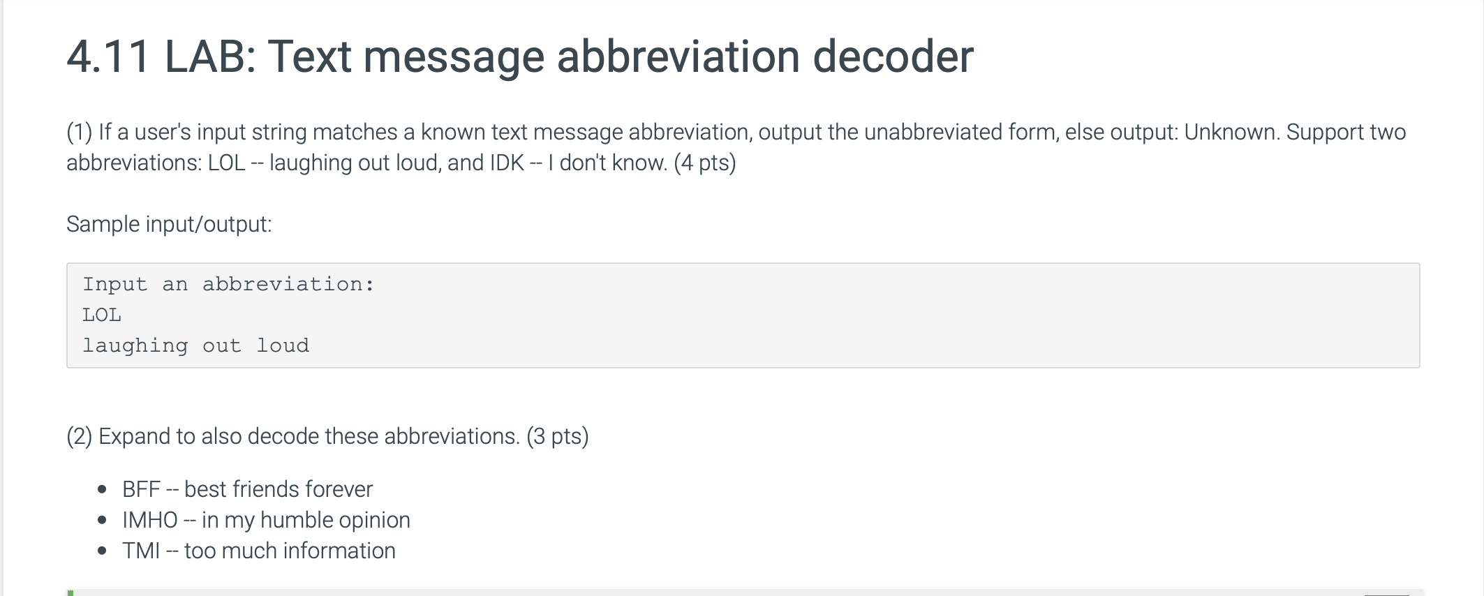 Solved 4.11 LAB: Text message abbreviation decoder (1) If a | Chegg.com