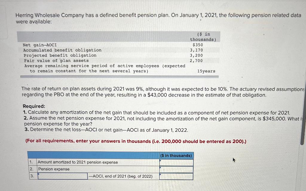 Solved Herring Wholesale Company has a defined benefit