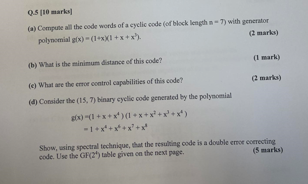 Solved Information Theory and CodingQ.5 [10 marks] (a) | Chegg.com