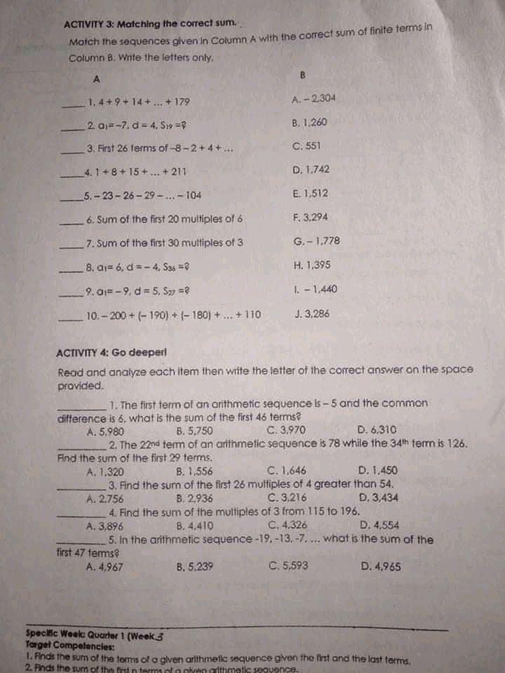 Solved ACTIVITY 3: Matching the correct sum. Match the | Chegg.com