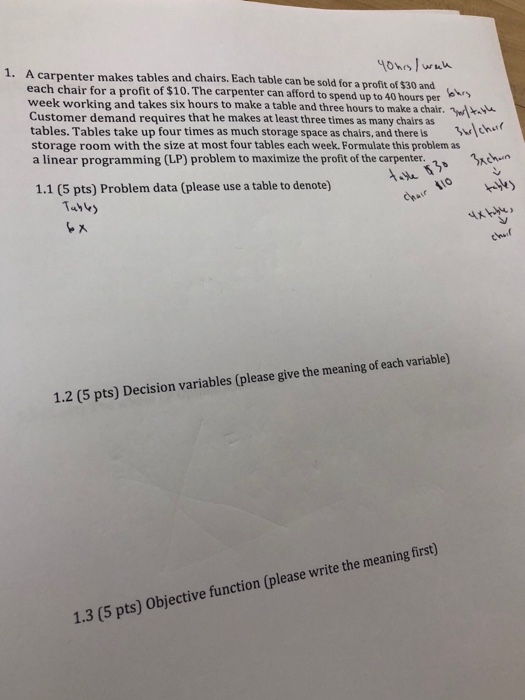 Solved 1. A carpenter makes tables and chairs. Each table
