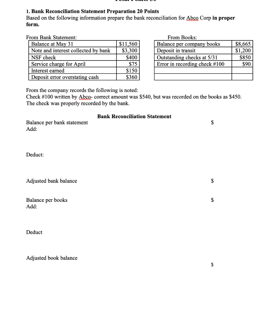 1. Bank Reconciliation Statement Preparation 20 Points
Based on the following information prepare the bank reconciliation for